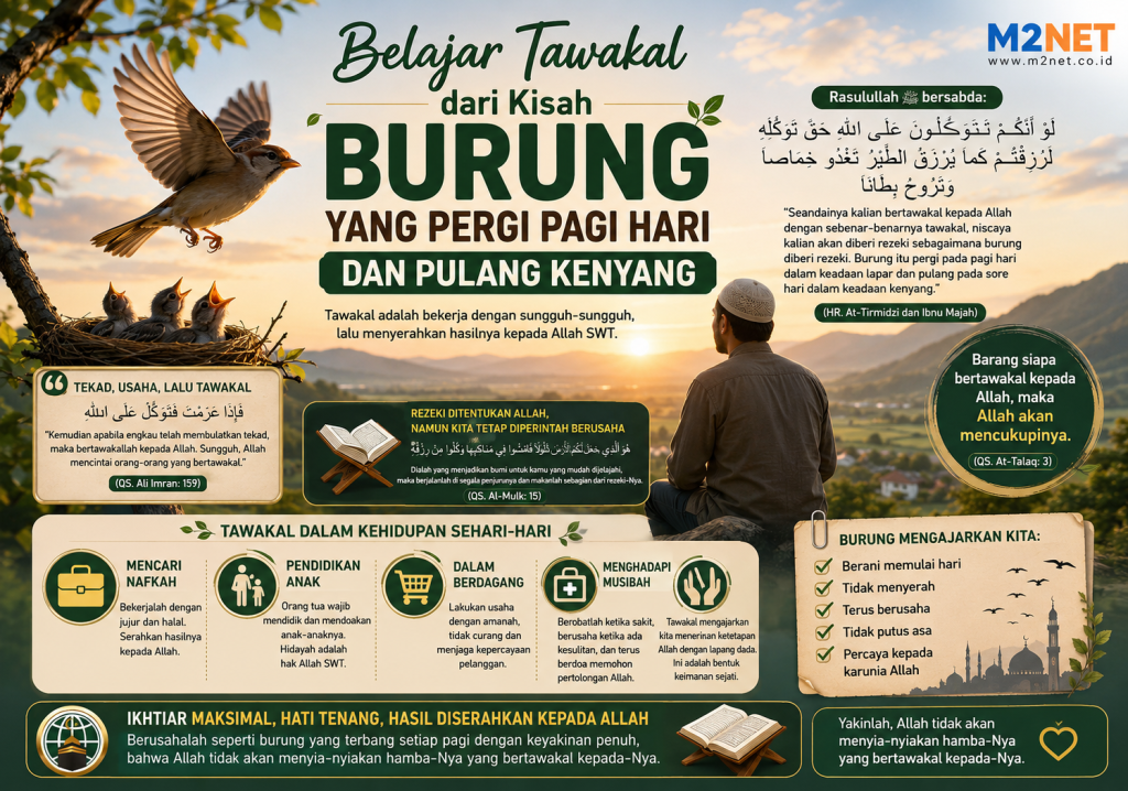 Ilustrasi burung terbang pada pagi hari sebagai simbol tawakal kepada Allah.