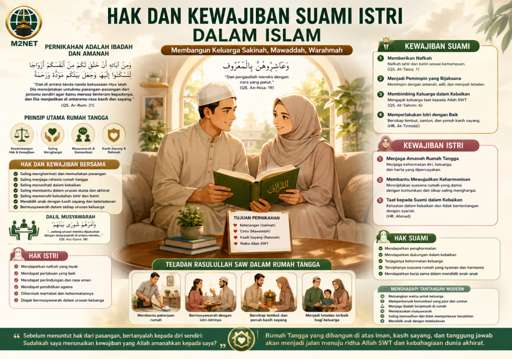 Pasangan suami istri Muslim sedang bermusyawarah dalam suasana keluarga yang harmonis.