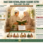 Pasangan suami istri Muslim sedang bermusyawarah dalam suasana keluarga yang harmonis.