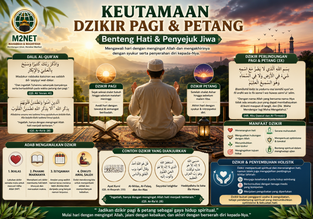 Seorang muslim berdzikir pada waktu pagi dan petang sebagai benteng hati dan penyejuk jiwa.