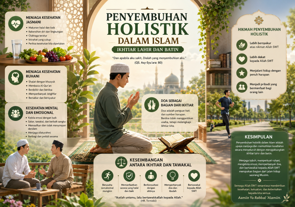 Keseimbangan kesehatan jasmani dan ruhani sebagai ilustrasi penyembuhan holistik dalam Islam.