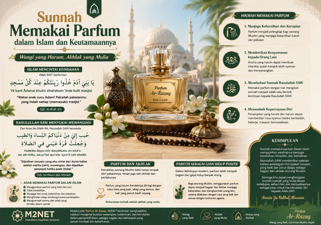 Botol parfum dan nuansa Islami sebagai ilustrasi sunnah memakai parfum dalam Islam.