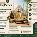Botol parfum dan nuansa Islami sebagai ilustrasi sunnah memakai parfum dalam Islam.